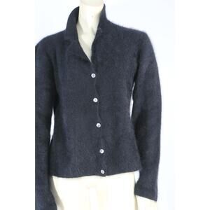 Vintage Tahari Black Fuzzy Knit Button Down V-Neck Cardigan Sweater Size S